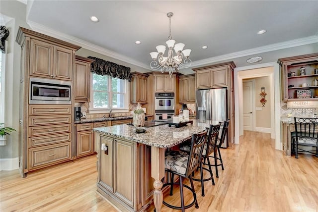 4478 Longmead Rd, Flowery Branch, GA 30542 - kitchen featuring stainless steel appliances, open shelves, a chandelier, a kitchen bar, and light stone countertops