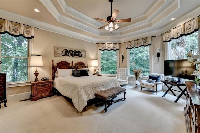 4478 Longmead Rd, Flowery Branch, GA 30542 - bedroom with crown molding, carpet floors, a raised ceiling, recessed lighting, and ceiling fan