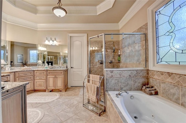 4478 Longmead Rd, Flowery Branch, GA 30542 - bathroom with a whirlpool tub, double vanity, a shower stall, tile patterned floors, and ornamental molding