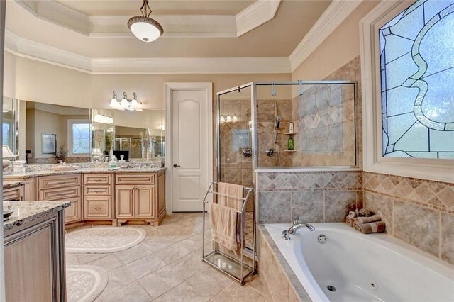 4478 Longmead Rd, Flowery Branch, GA 30542 - full bath featuring a jetted tub, double vanity, a stall shower, tile patterned floors, and a tray ceiling