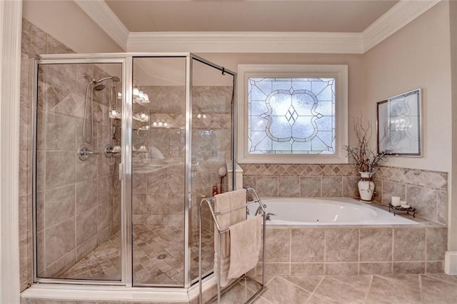 4478 Longmead Rd, Flowery Branch, GA 30542 - bathroom with a garden tub, ornamental molding, and a stall shower