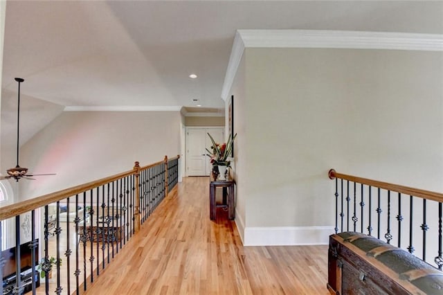 4478 Longmead Rd, Flowery Branch, GA 30542 - corridor with crown molding, light wood-style floors, baseboards, lofted ceiling, and recessed lighting