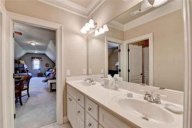 4478 Longmead Rd, Flowery Branch, GA 30542 - bathroom with connected bathroom, double vanity, ornamental molding, and lofted ceiling