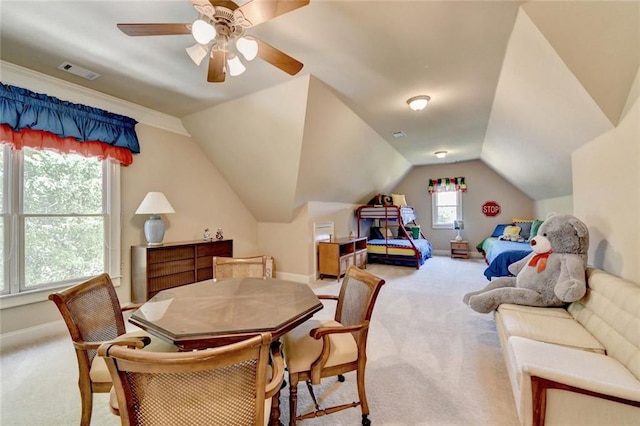 4478 Longmead Rd, Flowery Branch, GA 30542 - carpeted dining space featuring lofted ceiling, a ceiling fan, and baseboards
