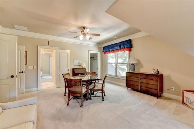 4478 Longmead Rd, Flowery Branch, GA 30542 - dining area featuring ceiling fan, crown molding, and carpet floors