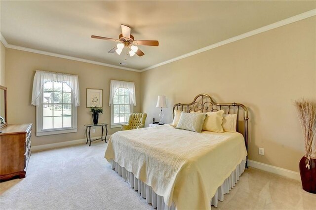 4478 Longmead Rd, Flowery Branch, GA 30542 - bedroom with light colored carpet, ornamental molding, and a ceiling fan
