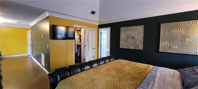 bedroom with visible vents, baseboards, and ornamental molding