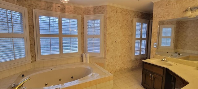 full bath featuring a whirlpool tub, a healthy amount of sunlight, wallpapered walls, and ornamental molding