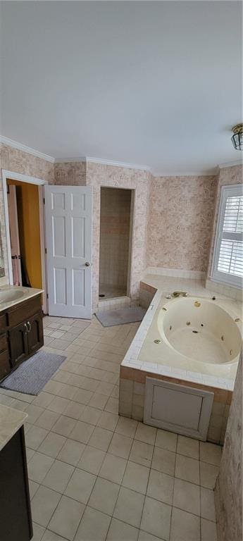 full bathroom with a jetted tub, wallpapered walls, crown molding, tile patterned floors, and vanity