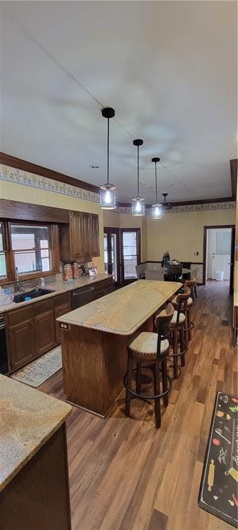 kitchen featuring light countertops, plenty of natural light, light wood-style floors, and a sink