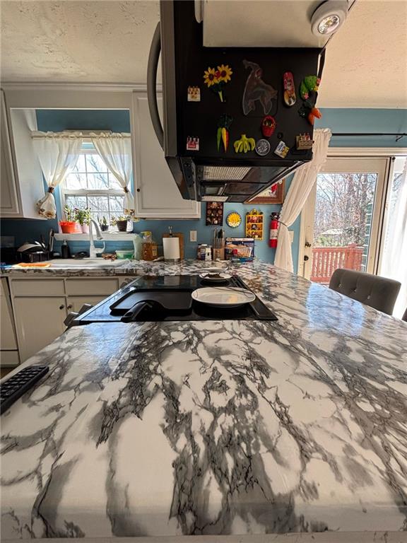 interior space with white cabinets, extractor fan, a textured ceiling, stainless steel dishwasher, and a sink