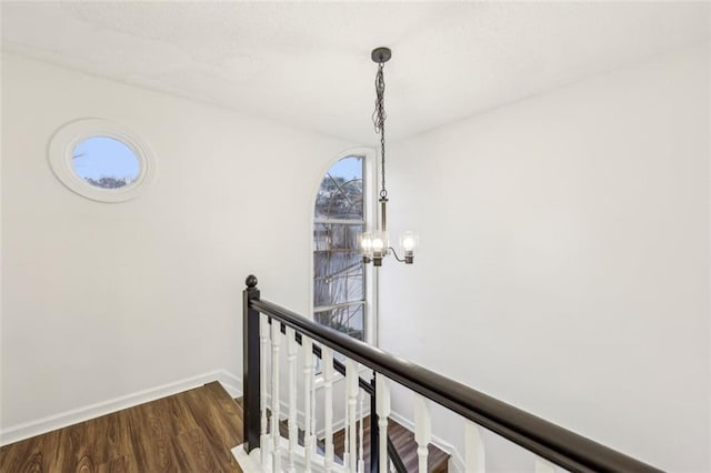 hallway featuring an inviting chandelier and dark hardwood / wood-style flooring