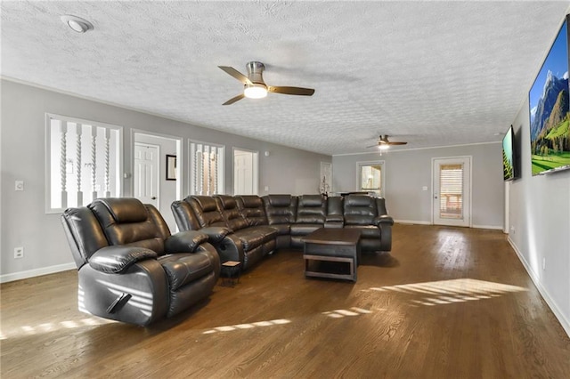 living area with plenty of natural light, a textured ceiling, baseboards, and dark wood-style flooring