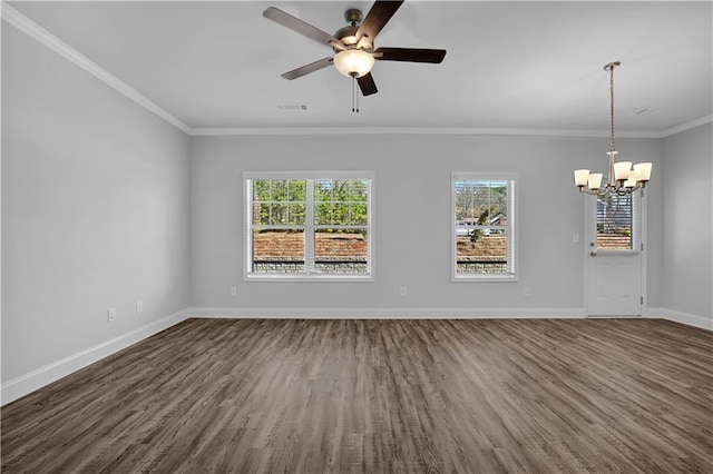 unfurnished room with ornamental molding, dark hardwood / wood-style floors, and ceiling fan with notable chandelier