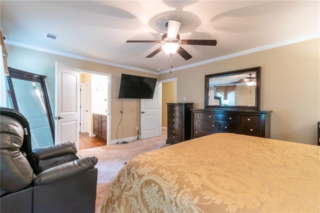 12275 Styron Dr, Hampton, GA 30228 - carpeted bedroom featuring ornamental molding, baseboards, a ceiling fan, and ensuite bathroom