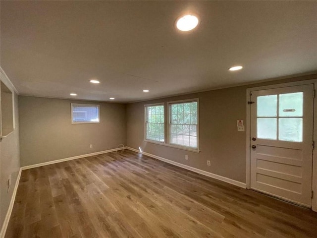 basement with wood-type flooring