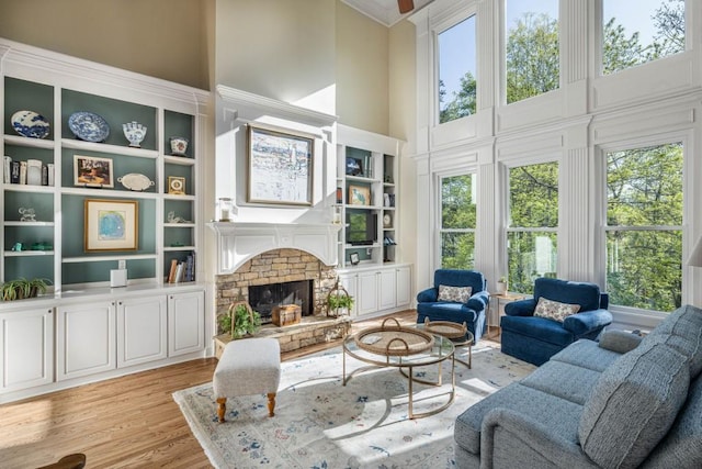 803 Night Fire Dr, Dawsonville, GA 30534 - living room featuring wood finished floors, a towering ceiling, a fireplace, and a healthy amount of sunlight