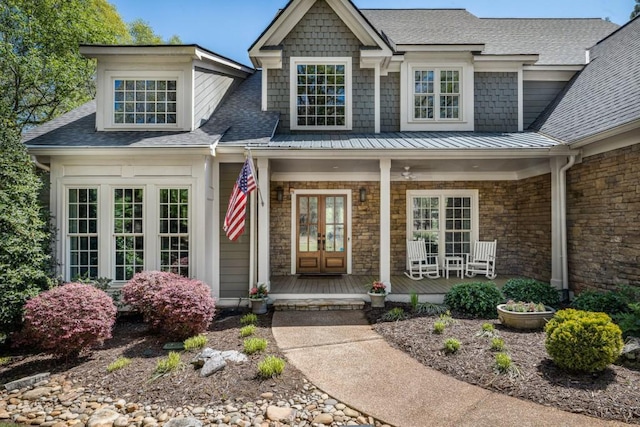 803 Night Fire Dr, Dawsonville, GA 30534 - doorway to property with roof with shingles, french doors, and covered porch