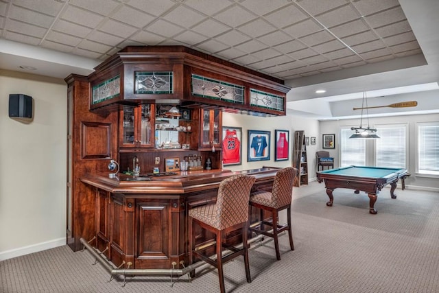 803 Night Fire Dr, Dawsonville, GA 30534 - bar with hanging light fixtures, billiards, light carpet, a community bar, and baseboards