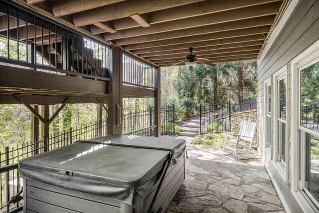 803 Night Fire Dr, Dawsonville, GA 30534 - deck with a patio, a hot tub, stairs, and ceiling fan