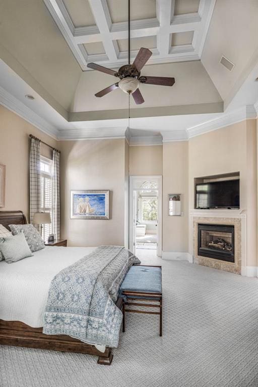 803 Night Fire Dr, Dawsonville, GA 30534 - bedroom featuring a glass covered fireplace, carpet flooring, ornamental molding, and multiple windows
