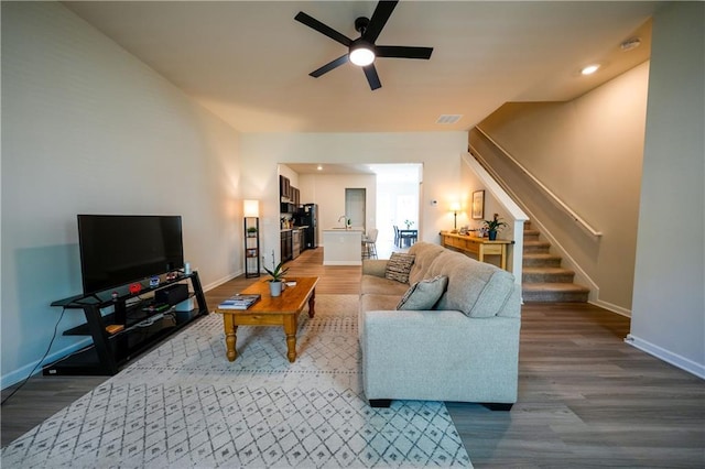 458 Bishop Ln, Woodstock, GA 30188 - living area with ceiling fan, stairs, baseboards, wood finished floors, and recessed lighting