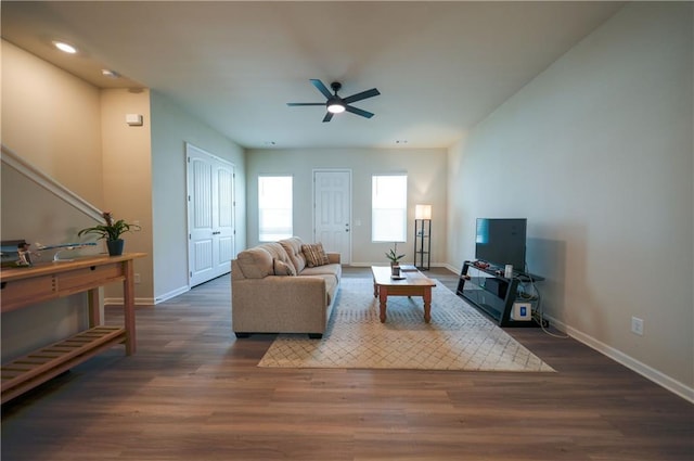 458 Bishop Ln, Woodstock, GA 30188 - living area featuring ceiling fan, baseboards, wood finished floors, and recessed lighting