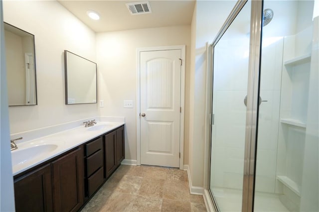 458 Bishop Ln, Woodstock, GA 30188 - full bath with a stall shower, double vanity, and baseboards