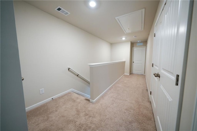 458 Bishop Ln, Woodstock, GA 30188 - hall with attic access, an upstairs landing, light colored carpet, baseboards, and recessed lighting