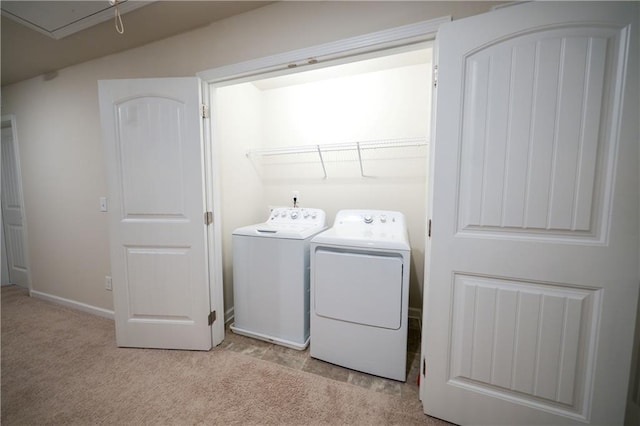 458 Bishop Ln, Woodstock, GA 30188 - washroom featuring washer and dryer, light colored carpet, attic access, and baseboards