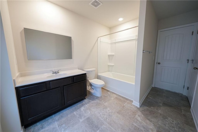 458 Bishop Ln, Woodstock, GA 30188 - bathroom with toilet, vanity, tub / shower combination, and baseboards