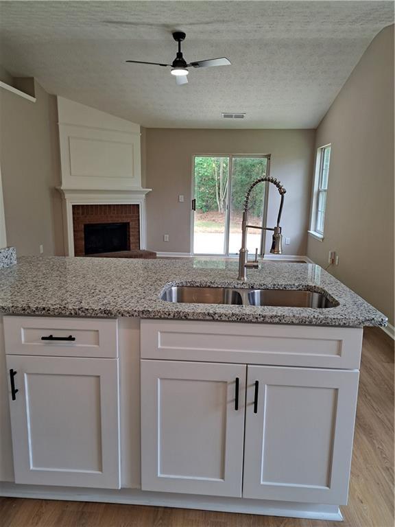kitchen featuring white cabinets, a sink, light wood-style floors, a ceiling fan, and visible vents