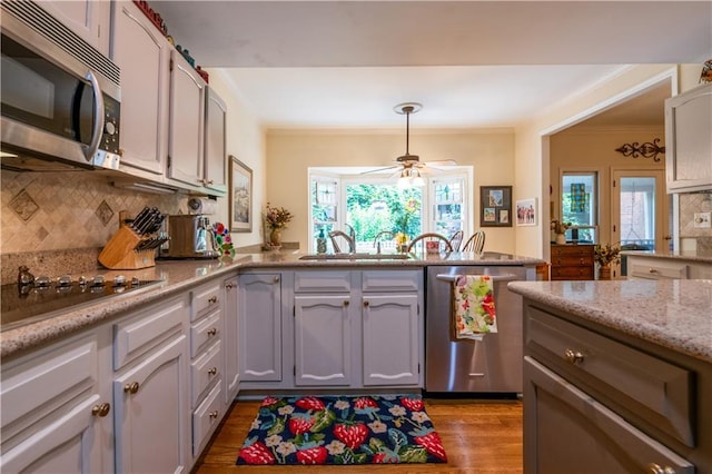 3833 Savannah Sq E, Atlanta, GA 30340 - kitchen featuring stainless steel appliances, a sink, crown molding, decorative backsplash, and ceiling fan