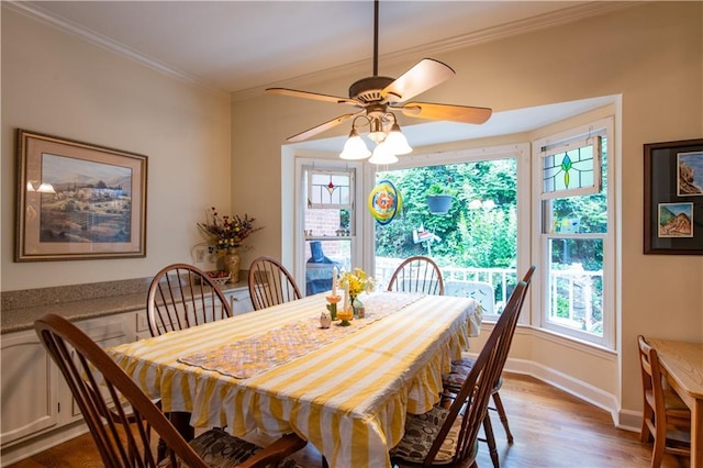 3833 Savannah Sq E, Atlanta, GA 30340 - dining room with wood finished floors, baseboards, a ceiling fan, and crown molding