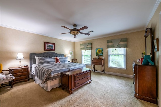 3833 Savannah Sq E, Atlanta, GA 30340 - bedroom with light carpet, ornamental molding, ceiling fan, and baseboards