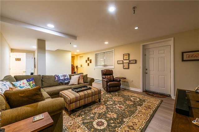 3833 Savannah Sq E, Atlanta, GA 30340 - living room featuring wood finished floors, a baseboard heating unit, recessed lighting, and baseboards
