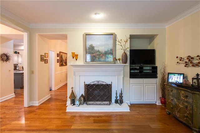 3833 Savannah Sq E, Atlanta, GA 30340 - living area featuring ornamental molding, wood finished floors, baseboards, and a tile fireplace
