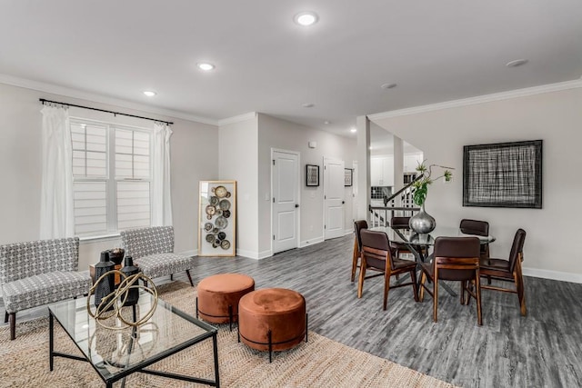 interior space with crown molding and dark hardwood / wood-style flooring