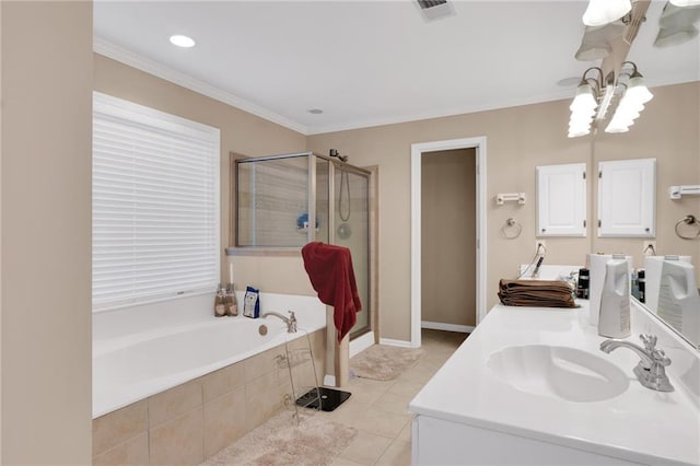 bathroom with tile patterned flooring, vanity, separate shower and tub, a notable chandelier, and crown molding