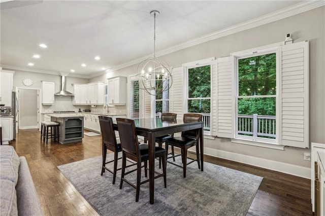 2585 Drew Valley Rd NE, Brookhaven, GA 30319 - dining room featuring a chandelier, crown molding, wine cooler, dark wood-style flooring, and recessed lighting