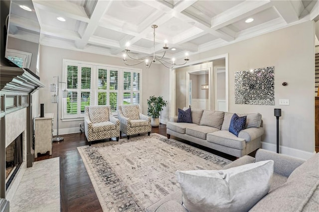2585 Drew Valley Rd NE, Brookhaven, GA 30319 - living area featuring dark wood finished floors, a chandelier, a premium fireplace, baseboards, and beamed ceiling