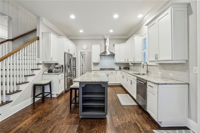 2585 Drew Valley Rd NE, Brookhaven, GA 30319 - kitchen featuring stainless steel appliances, wall chimney range hood, a sink, ornamental molding, and dark wood-style floors