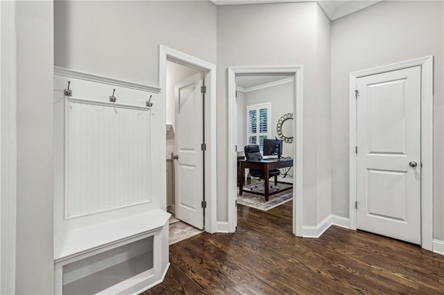 2585 Drew Valley Rd NE, Brookhaven, GA 30319 - mudroom with ornamental molding, dark wood-style flooring, and baseboards