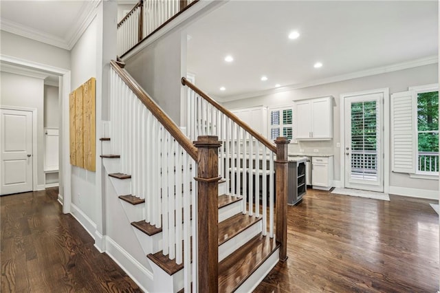 2585 Drew Valley Rd NE, Brookhaven, GA 30319 - staircase featuring crown molding, plenty of natural light, wood finished floors, recessed lighting, and baseboards