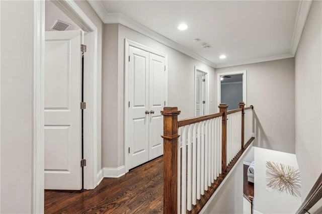 2585 Drew Valley Rd NE, Brookhaven, GA 30319 - hall with an upstairs landing, dark wood-style floors, ornamental molding, recessed lighting, and baseboards