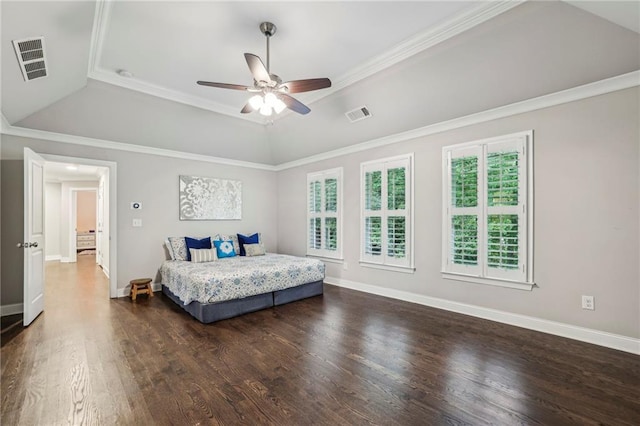 2585 Drew Valley Rd NE, Brookhaven, GA 30319 - bedroom featuring a tray ceiling, dark wood-style flooring, baseboards, crown molding, and a ceiling fan
