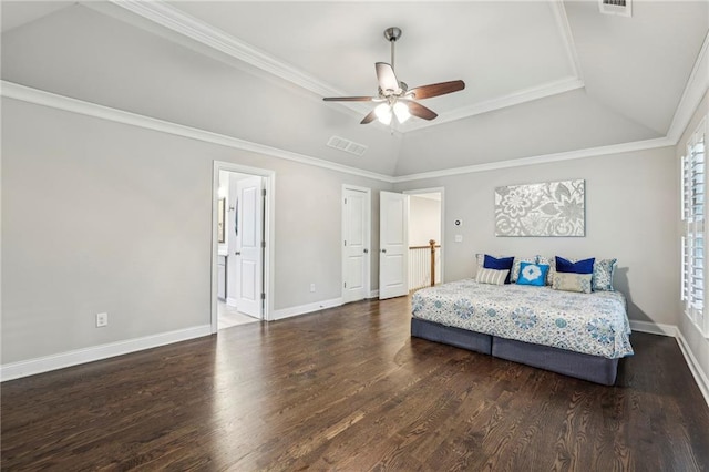 2585 Drew Valley Rd NE, Brookhaven, GA 30319 - bedroom with a tray ceiling, wood finished floors, baseboards, ornamental molding, and ceiling fan