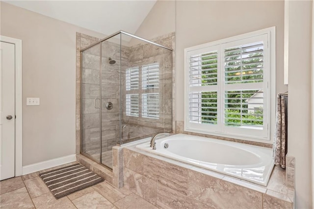 2585 Drew Valley Rd NE, Brookhaven, GA 30319 - bathroom with a garden tub, a shower stall, and vaulted ceiling