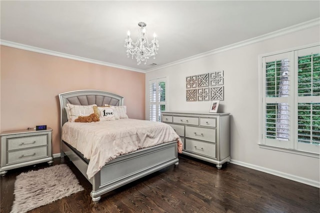 2585 Drew Valley Rd NE, Brookhaven, GA 30319 - bedroom with crown molding, a chandelier, dark wood-type flooring, and baseboards
