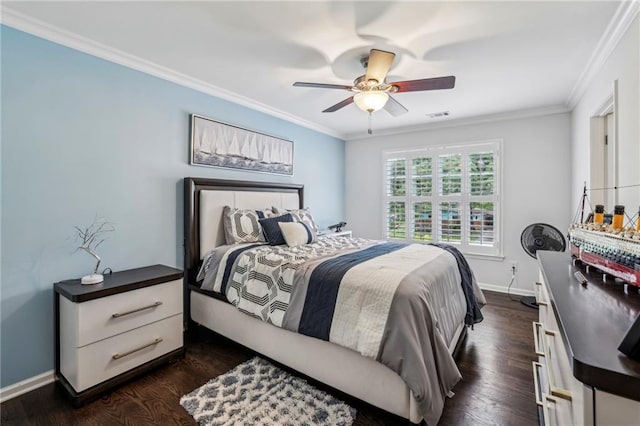 2585 Drew Valley Rd NE, Brookhaven, GA 30319 - bedroom with crown molding, baseboards, dark wood-type flooring, and a ceiling fan